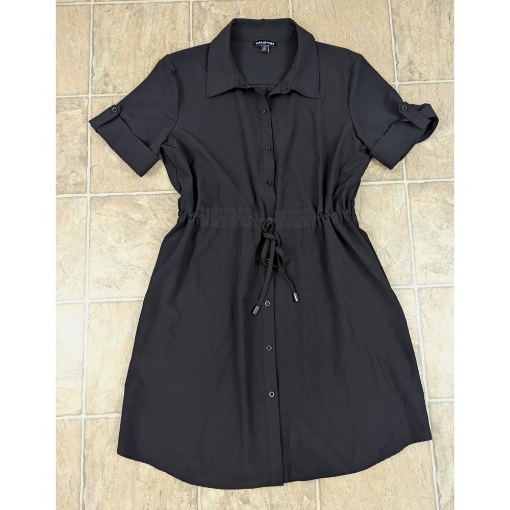Halston sz L Shirt Dress black drawstring waist front buttons lightweight 3591